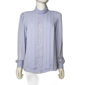 VINTAGE LA BLOUSE Light Purple Blue Blouse with Floral Embroidery Womens Size 12